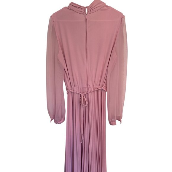 Vintage Maxi Dress Pink V Neck Sheer Sleeves Elastic Waist Embellished Waistband - Picture 2 of 5